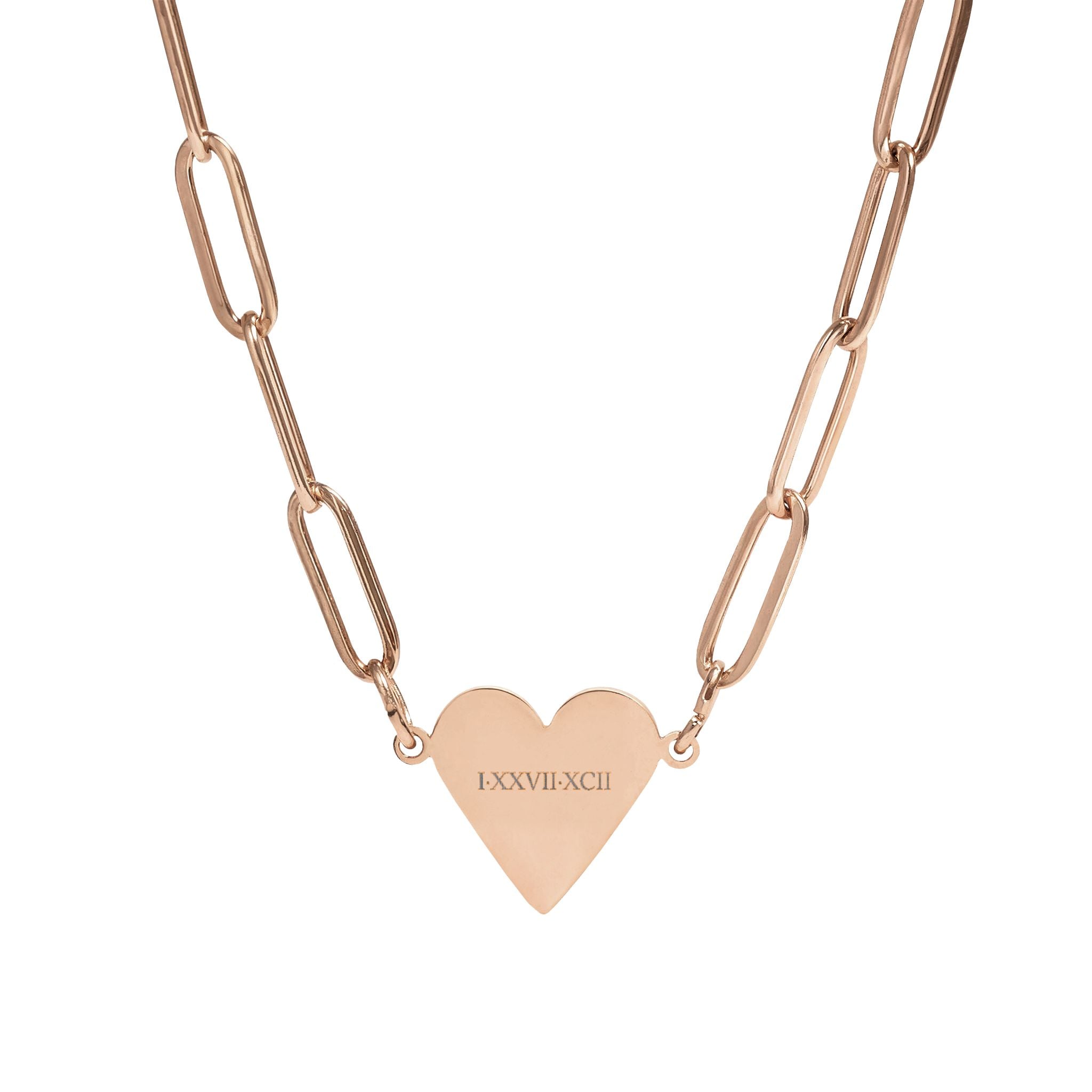 Roman Numeral Heart Pendant Necklace — Paperclip Chain