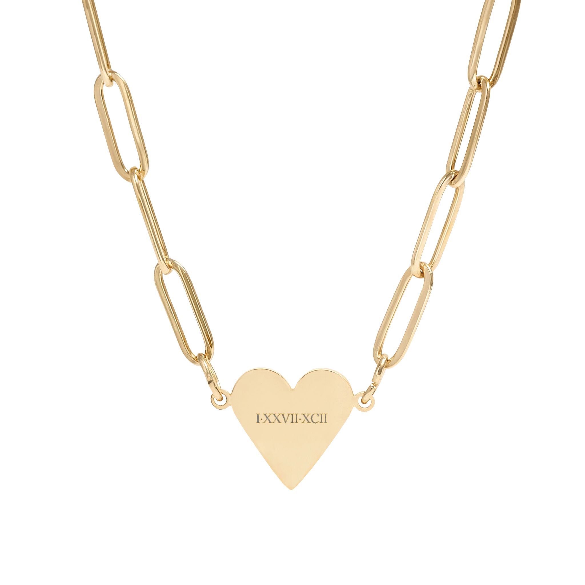 Roman Numeral Heart Pendant Necklace — Paperclip Chain