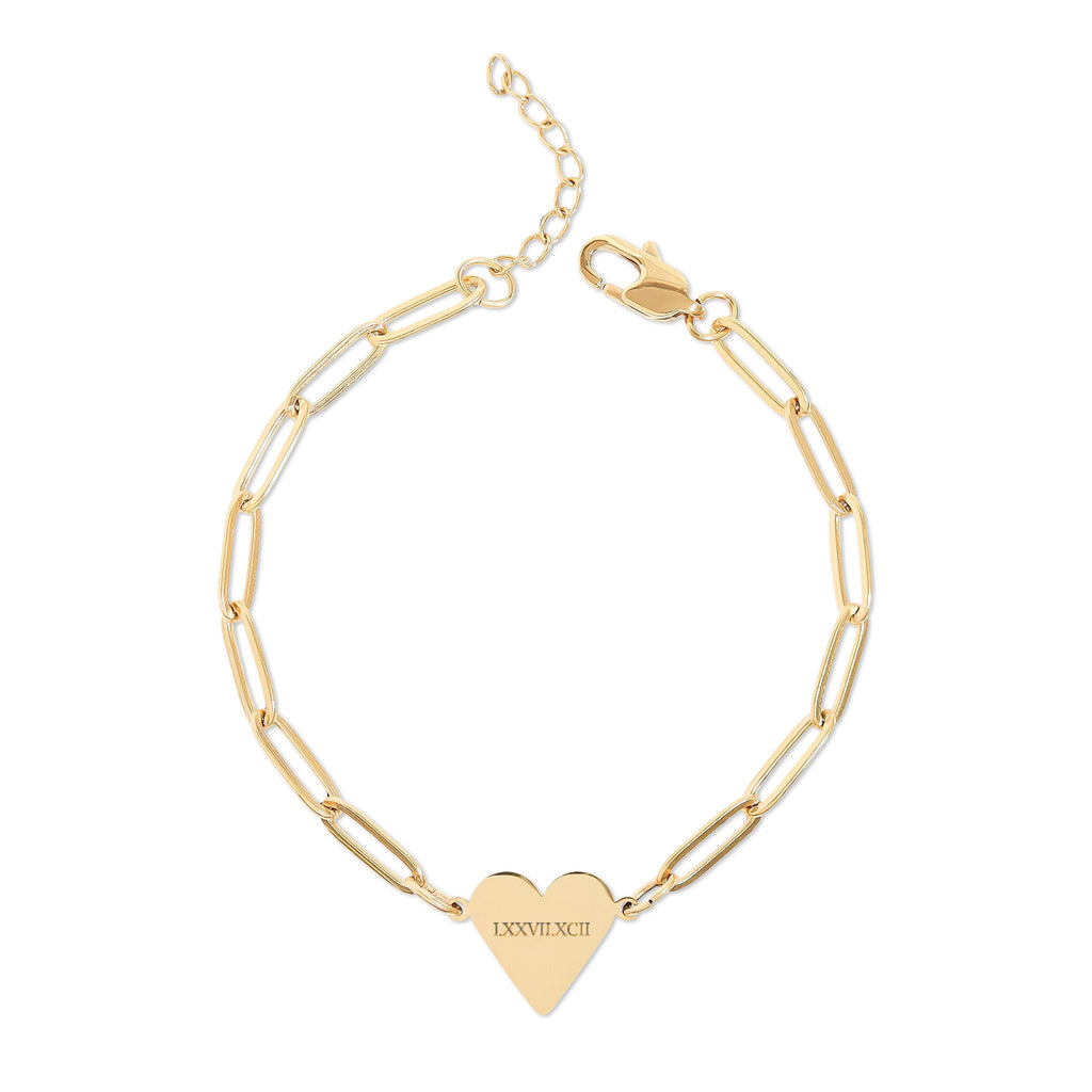 Paperclip Heart Bracelet — Roman Numeral Engraved Heart
